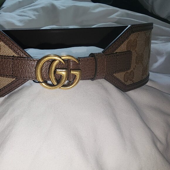 100 % Authentic Gucci Brown GG Canvas and Leather Buckle Wide Waist Belt 85CM - Picture 1 of 11